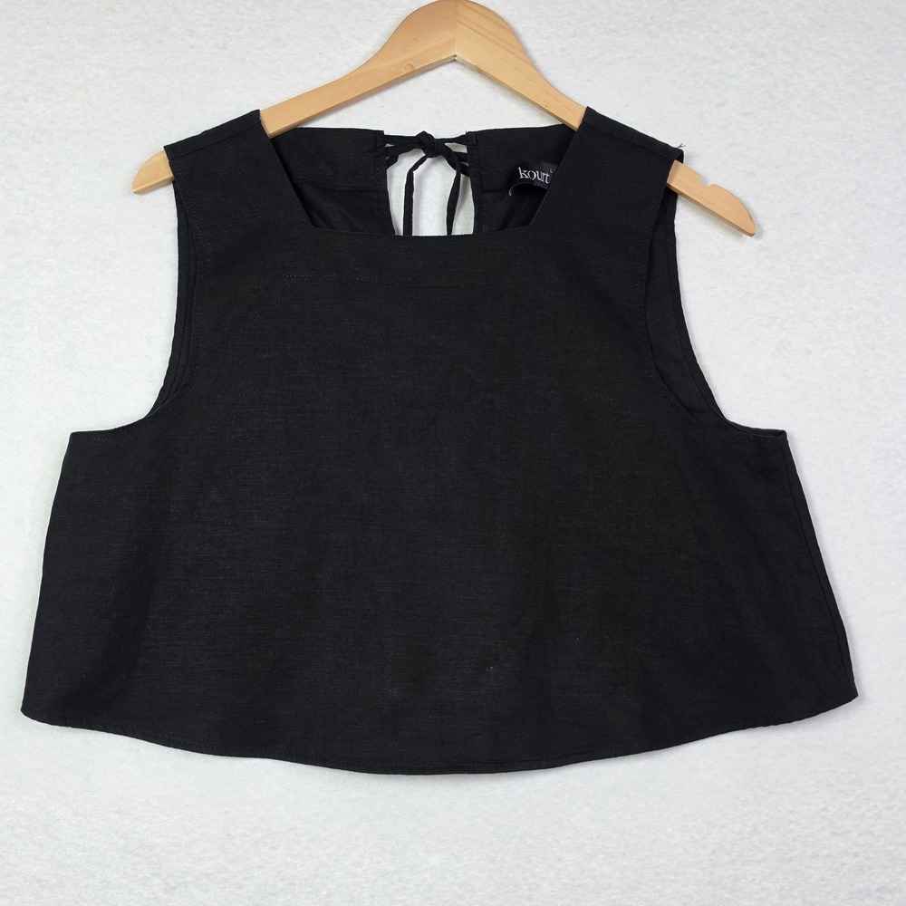 Kourt Womens Large Black Linen Blend Cropped Lace Up Back Tank Top